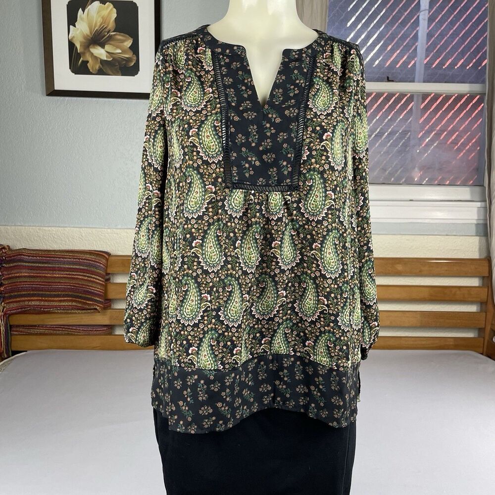 DR2 Tunic V Neck Top Women's Sm Brown Green Paisley Print Bohemian Hippie Earthy